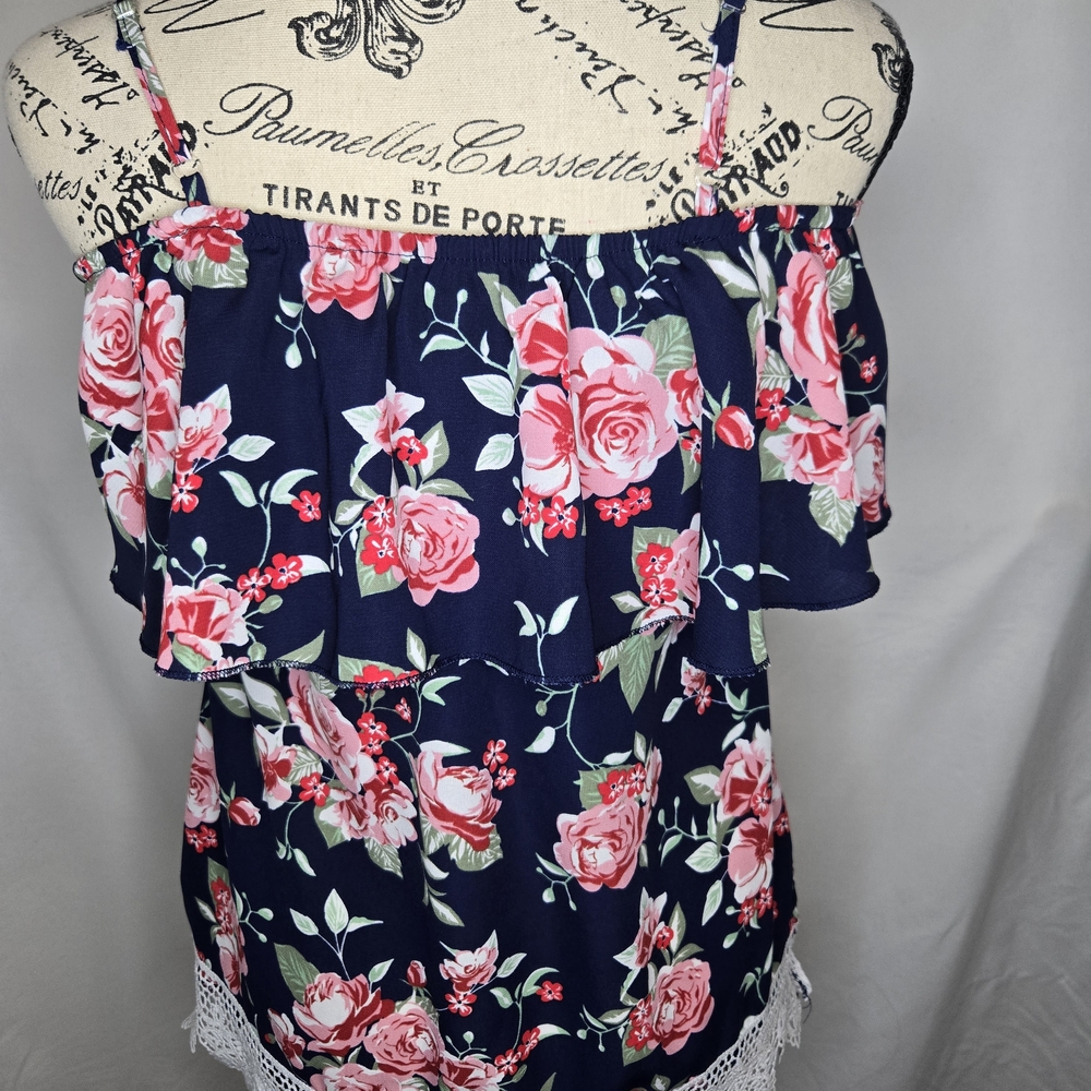 No Boundaries Navy Floral Off-Shoulder Ruffle Top with Pink Roses - Picture 3 of 5